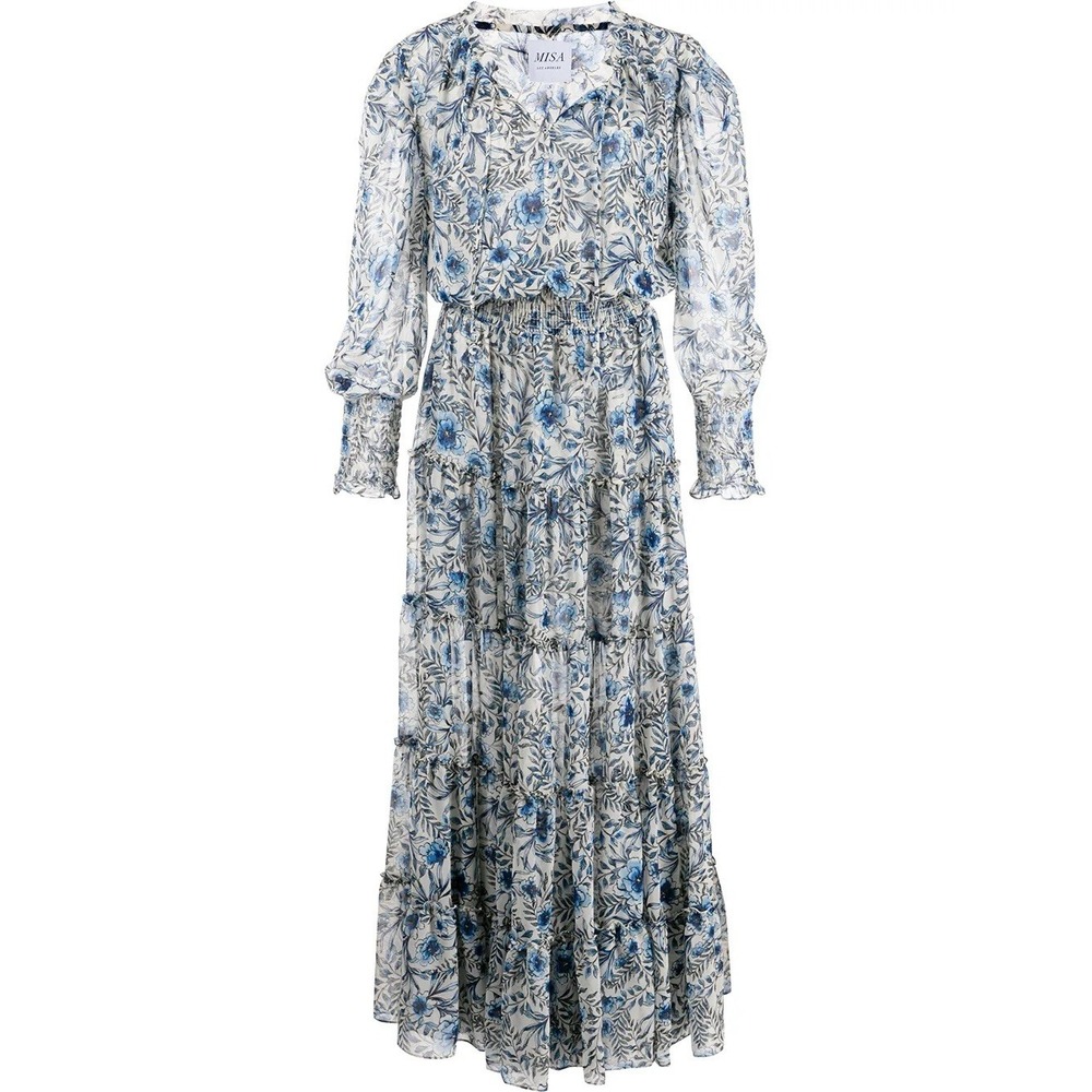 Misa Los Angeles Blue Floral Tiered Long Sleeve Maxi Dress - Picture 2 of 9